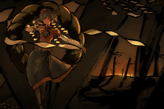 Woman holding knife forest fire - inspired free wallpaper