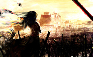 Woman city skyline giant red - ann thetis blacker free wallpaper