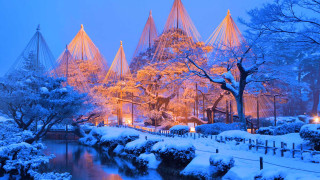 Snowy park trees river bridge - a matte painting free wallpaper