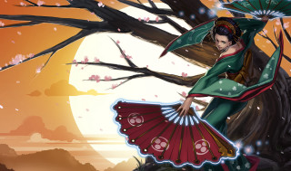 Woman kimono fan full moon - league of legends concept art free wallpaper