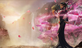 Woman black dress waterfall pink - a waterfall free wallpaper for desktop