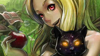 Girl cat apple hand smiling - a red eye free wallpaper
