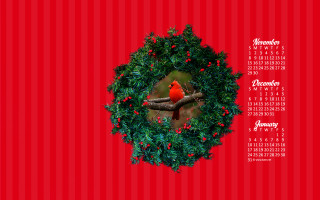 Calendar red bird tree wreath - a calendar free wallpaper