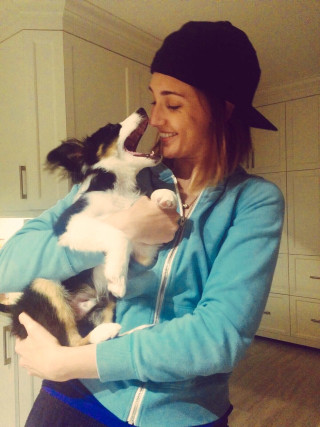 Woman holding dog kitchen white - a dog free wallpaper