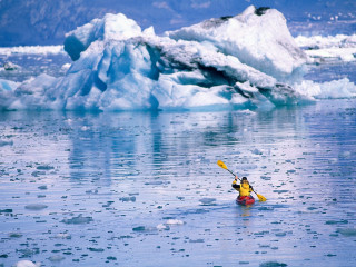 Kayaker yellow kayak iceberg ocean - winning free wallpaper