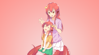 Girls dragon pink background sitting - a red dragon free wallpaper