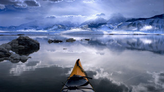 Kayak water mountains clouds sky - alson s. clark free wallpaper