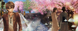 Couple tree pink flowers man - a brown coat free wallpaper