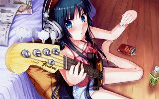Girl headphones guitar bed pillow 2 - an anime drawing free wallpaper for desktop