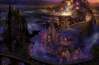 Castle dragon night city bridge - matte fantasy painting free wallpaper
