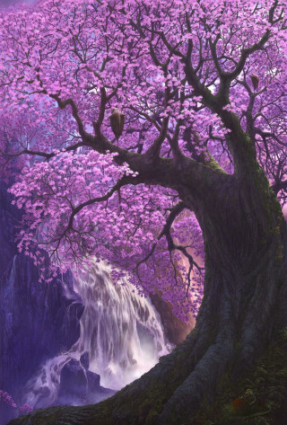 Waterfall tree purple flowers background - matte fantasy painting free wallpaper