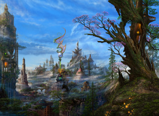 Fantasy city trees buildings sky - chris labrooy free wallpaper