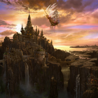 Castle dragon waterfall sunset sky - christophe vacher free wallpaper
