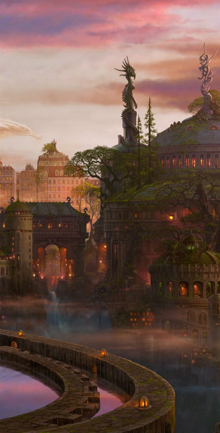 City statue bridge lake painting - christophe vacher free wallpaper