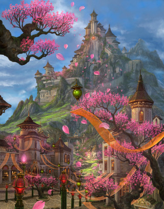 Fantasy city pink flowers castle - a detailed matte painting free wallpaper
