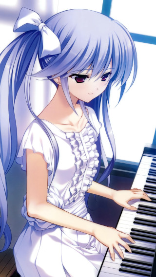 Girl blue hair piano playing - flowing hair free wallpaper