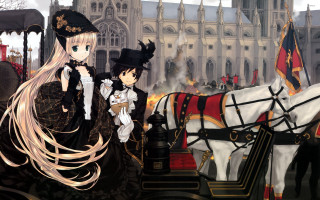 Couple horse drawn carriage castle - a clock tower free wallpaper
