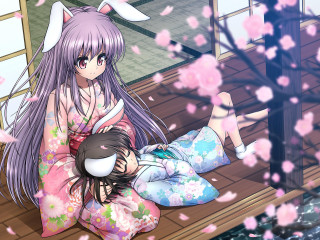 Woman kimono child lap porch - a child free wallpaper