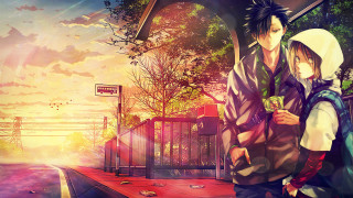 Couple people street bridge trees - a sunset free wallpaper