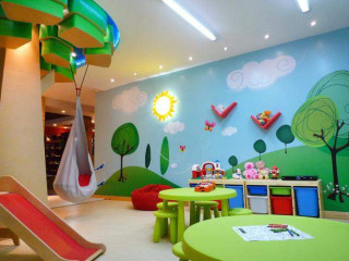 Playroom slide play table mural - art station free wallpaper