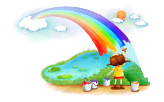 Girl painting rainbow buckets sky - naive art free wallpaper for desktop