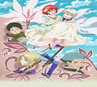Anime characters pink background blue 2 - a pink flower in the foreground free wallpaper