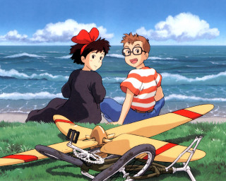 Boy girl plane grass ocean - ukiyoe free wallpaper