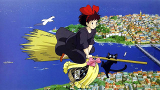Woman flying broom black cat - nearby free wallpaper