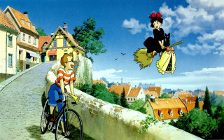 Cartoon man bike woman bike - house free wallpaper