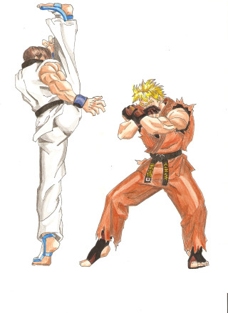 Karate drawing two people stances - a sword and the other free wallpaper