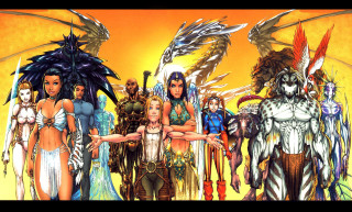 Women yellow background dragon wings - their head free wallpaper