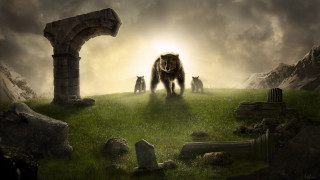 Animals green field stone arch - a group of animals free wallpaper
