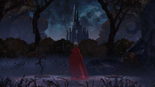 Woman red cape forest night - a castle in the background free wallpaper