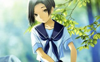 Girl blue shirt bow tie - a character portrait free wallpaper for desktop