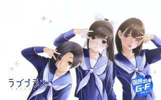 Three anime girls blue outfits - a picture together free wallpaper