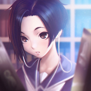 Woman earphones book shelf window - an anime drawing free wallpaper
