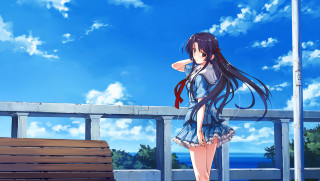 Girl bench short dress blue - a bench in front free wallpaper