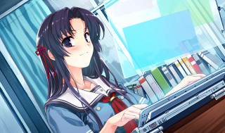 Girl holding laptop room window - ayako rokkaku free wallpaper for desktop