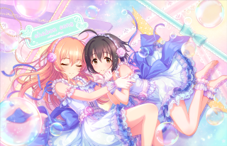 Anime girls hugging bubbles background - background free wallpaper