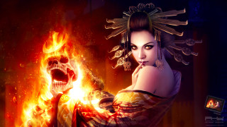 Woman holding fireball skull room - bastien l. deharme free wallpaper