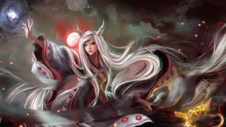 White haired woman holding red - a white dress holding free wallpaper