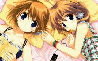 Anime girls bed book headphones - an anime drawing free wallpaper for desktop