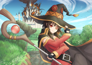 Woman witch costume broom apple - explosion free wallpaper