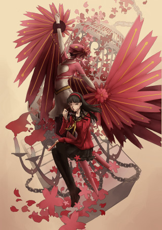 Woman red dress red bird - autodestructive art free wallpaper