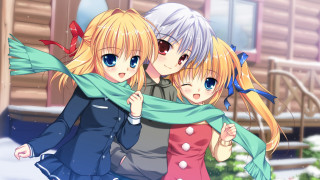 Anime girls hugging snow house 3 - a scarf free wallpaper