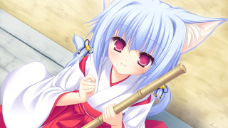 Anime girl bluehair redeyes hakama - red eyes holding free wallpaper