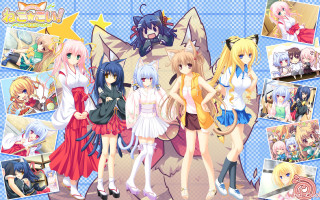 Anime girls group blue background - official art free wallpaper for desktop