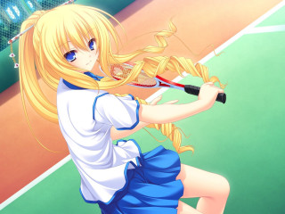 Girl blue dress tennis racket - flowing hair free wallpaper