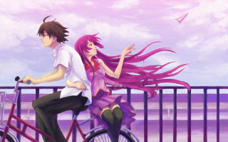 Man woman bike bridge ocean 2 - looking free wallpaper