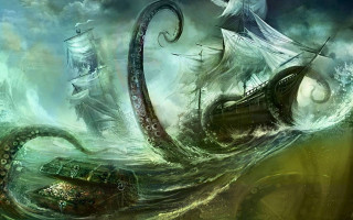 Giant octopus attacking ship ocean - bastien lecouffedeharme free wallpaper